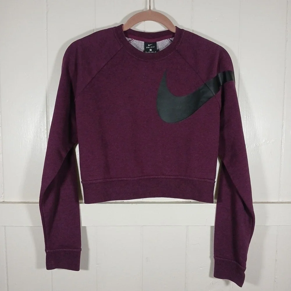 Nike Sweatshirt Cropped Fleece Knit Big Swoosh Logo Dri-FIT Women's XS Purple LS